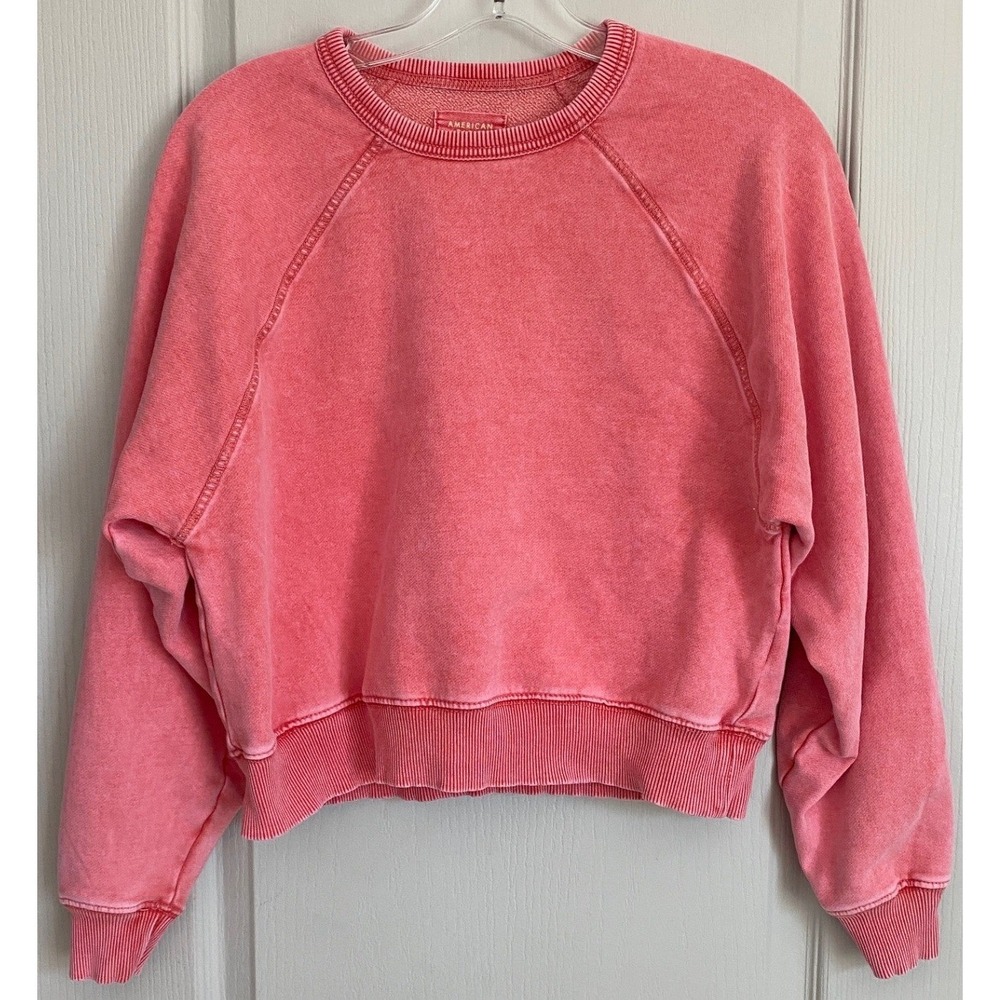 American Eagle Wmns Coral Pink Acid Wash Raglan Cropped Sweatshirt XS 09/25 2866
